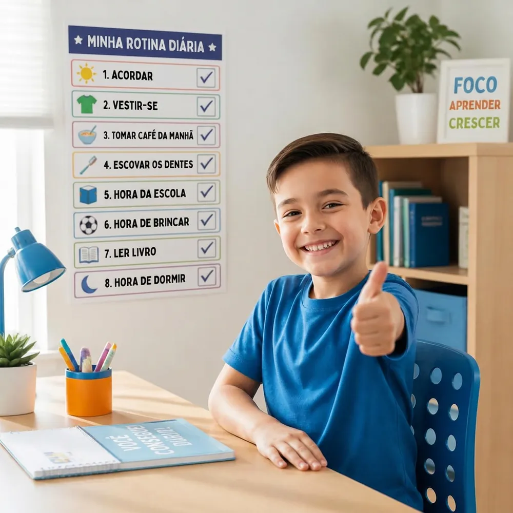 Criança organizada e feliz na mesa de estudos ao lado do quadro de rotina visual