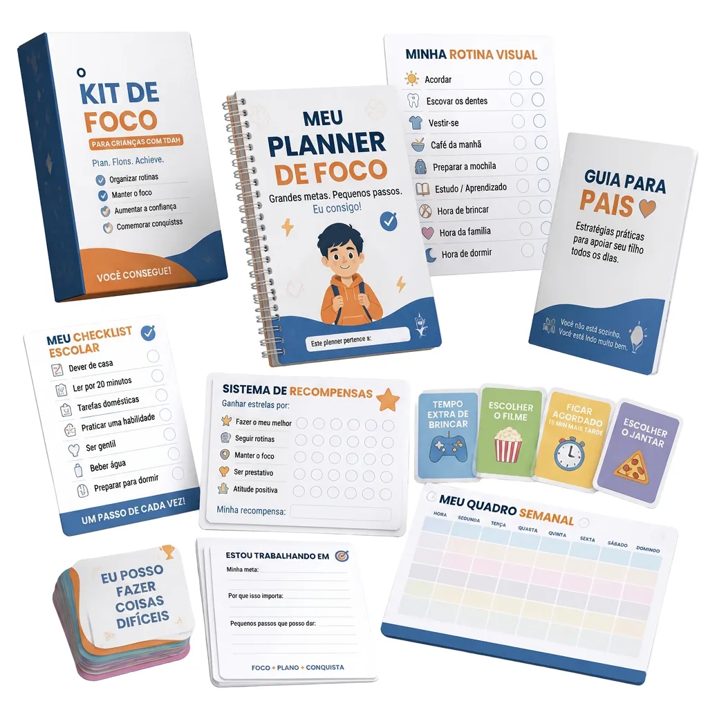 Mockup 3D do Kit Digital com planner, rotina visual, checklist, sistema de recompensas, guia para pais, cronograma e cartões
