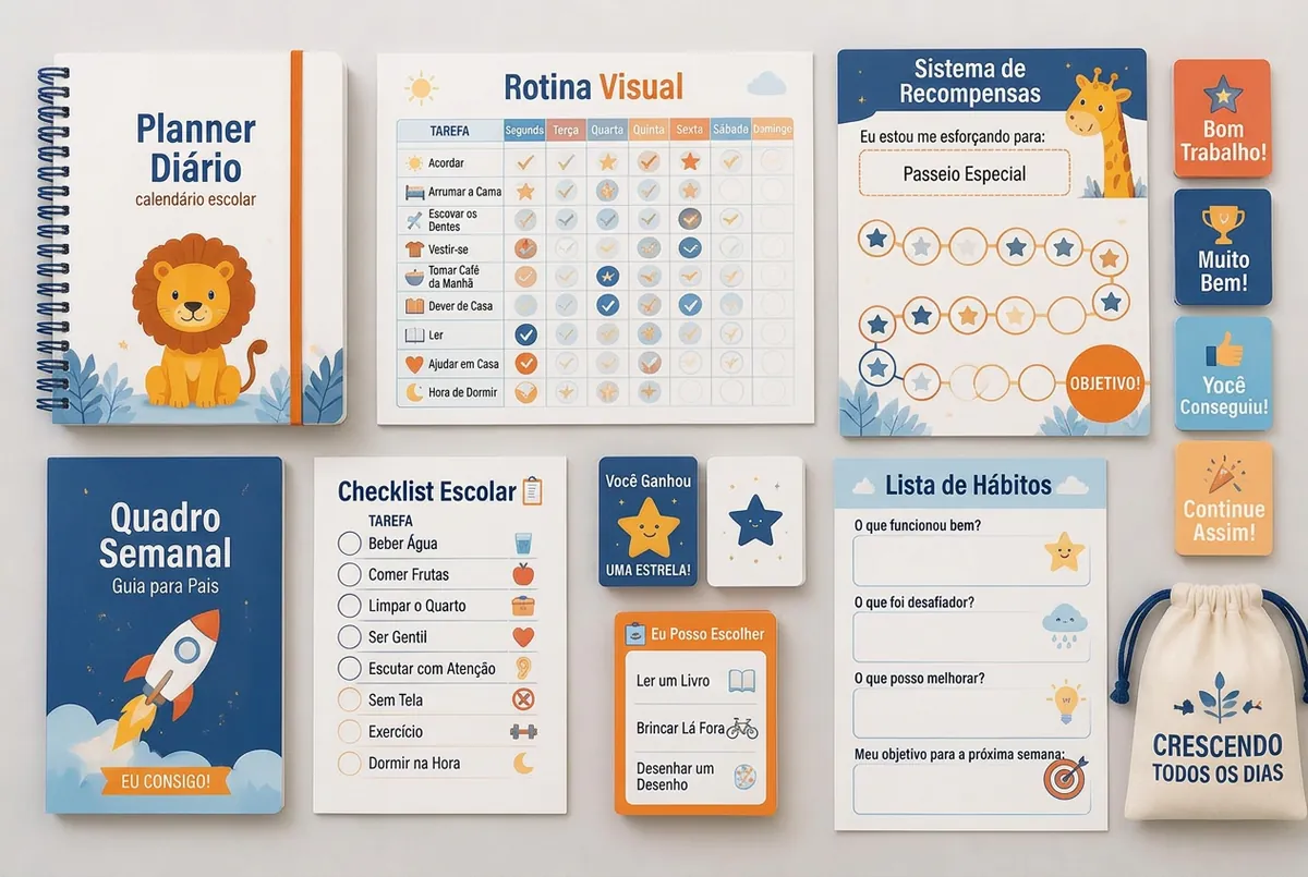 Visão geral de todos os materiais impressos do kit: planner, rotina, checklists, quadro de recompensas e cartões