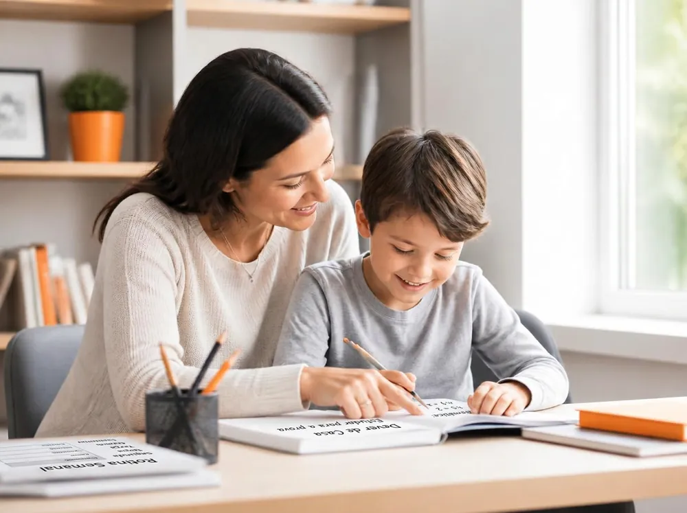 Mãe ajudando o filho com o dever de casa em uma mesa de estudos organizada